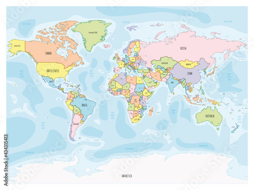Political map of World. Colorful hand-drawn cartoon style illustrated map with bathymetry. Handwritten labels of country, capital city, sea and ocean names. Simple flat vector map.