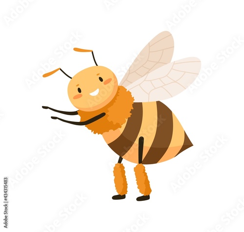 Cute happy honey bee dancing and pointing at smth with small paws. Funny adorable smiling honeybee. Cheerful bumblebee or wasp. Childish colored flat vector illustration isolated on white background