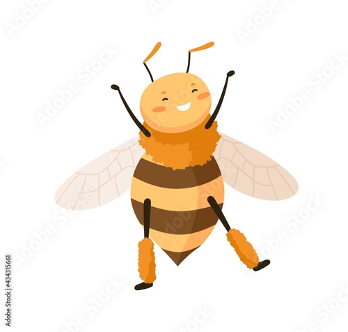 Cute happy honey bee dancing with paws up. Funny adorable smiling honeybee. Cheerful bumblebee or wasp with delighted face. Childish colored flat vector illustration isolated on white background