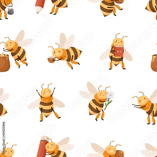 Seamless repeatable pattern with cute honey bees on white background. Endless childish texture with happy funny honeybees. Colored flat vector illustration with baby characters for printing