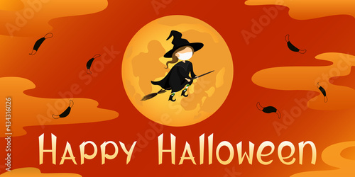 Halloween 2021 poster. Witch in medical mask flying on broom. Cartoon style. Vector illustration.