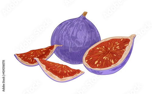 Fresh whole fig and pieces, cut half and quarters with juicy fleshy pulp with...