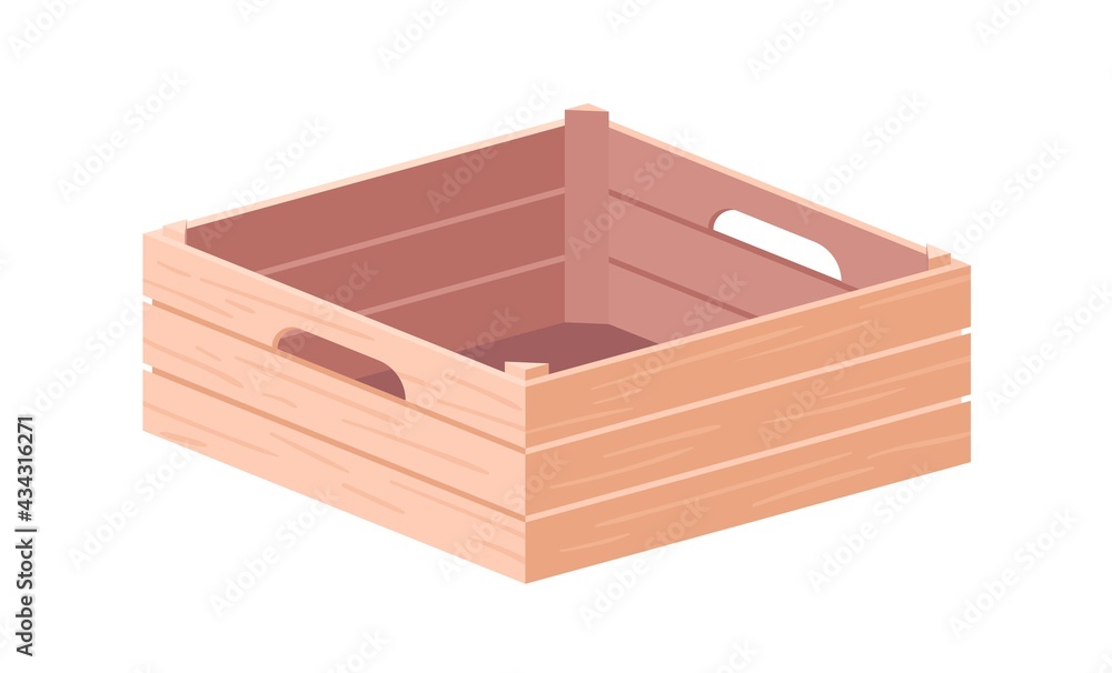Empty wooden box with handles. Farm crate from wood planks for fruits and vegetables. Open container for grocery and harvest. Colored flat vector illustration of joinery isolated on white background
