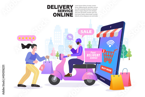 Fast fashion delivery from an online boutique app. A courier on a scooter delivers shopping bags to a happy customer, who gives a 5-star rating for the express shipping service.