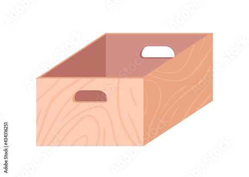 Empty wooden box with handles. Realistic wood crate for storage and transportation. Open container for fruits and vegetables. Colored flat vector illustration isolated on white background