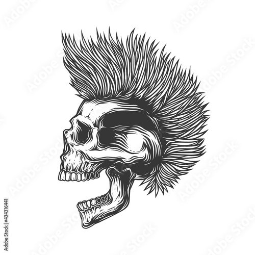 Original monochrome vector illustration on a white background. A skull with an open mouth and a punk rock hairstyle. T-shirt design, stickers, print. photo