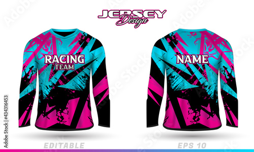 Long sleeve sports racing suit. Front back t-shirt design. Templates for team uniforms. Sports design for football, racing, cycling, gaming jersey. Vector.