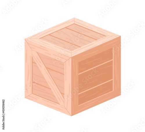Wooden delivery box for cargo shipping. Closed wood crate for goods. Square container with lid for storage. Plywood package. Colored flat vector illustration isolated on white background