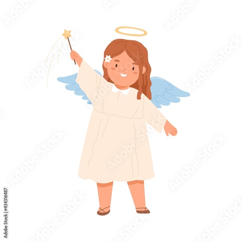 Cute angel holding magic wand with Christmas star. Happy smiling Christian gi...