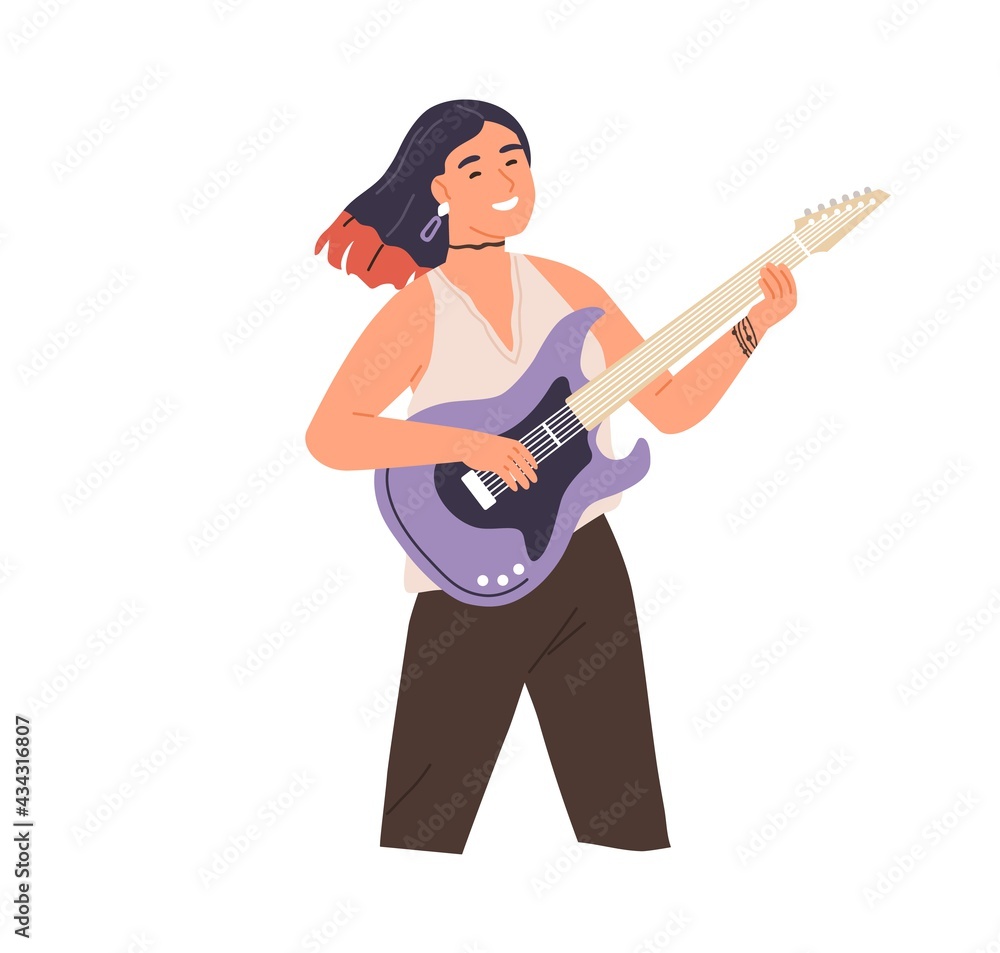 Young modern woman playing rock music on electric guitar. Happy smiling female guitarist. Rocker musician performing on string instrument. Flat vector illustration isolated on white background Young modern woman playing rock music on electric guitar. Happy smiling female guitarist. Rocker musician performing on string instrument. Flat vector illustration isolated on white background