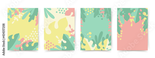 Abstract floral creative backgrounds set.Trendy wallpapers in minimal simple style with tropical leaves.Vector for banners,advertisements,cover design templates,invitations,posters,social media posts