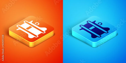 Isometric Parachute icon isolated on orange and blue background. Vector