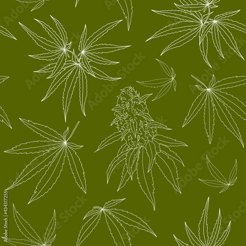 Hand drawn seamless texture with marijuana leves, herbs, cannabis plant