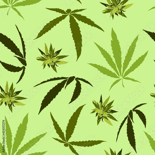 Green color seamless floral pattern with cannabis plant, marijuana leaves on the seamless background, herbal medical marijuana