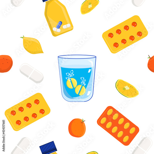 Ascorbic acid seamless pattern.Vitamin C Effervescent tablet dissolves in a glass of water. .Anti aging complex pills.Lemons and oranges are a natural nutrient.Bio supplement for the Immune System.