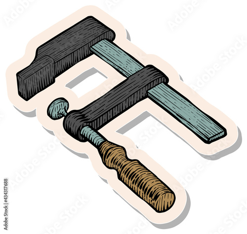 Hand drawn sticker style Wooden clamp icon woodworking tool vector illustration