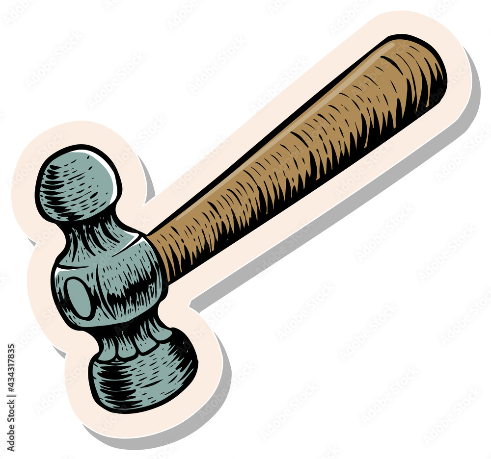 Hand drawn sticker style Ballpeen hammer in woodcut drawing vector