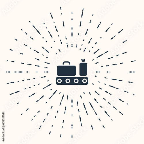 Grey Airport conveyor belt with passenger luggage, suitcase, bag, baggage icon isolated on beige background. Abstract circle random dots. Vector