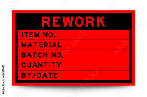 Square red color label banner with headline in word rework and detail on white background for industry use