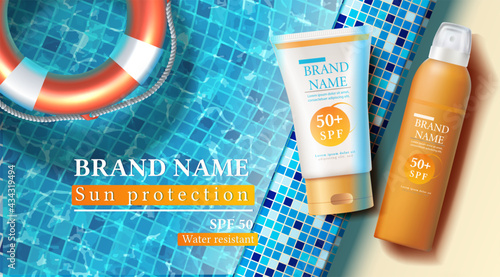 Vector summer sunscreen protection banner with sunscreen bottles on the side of the pool with inflatable ring. 