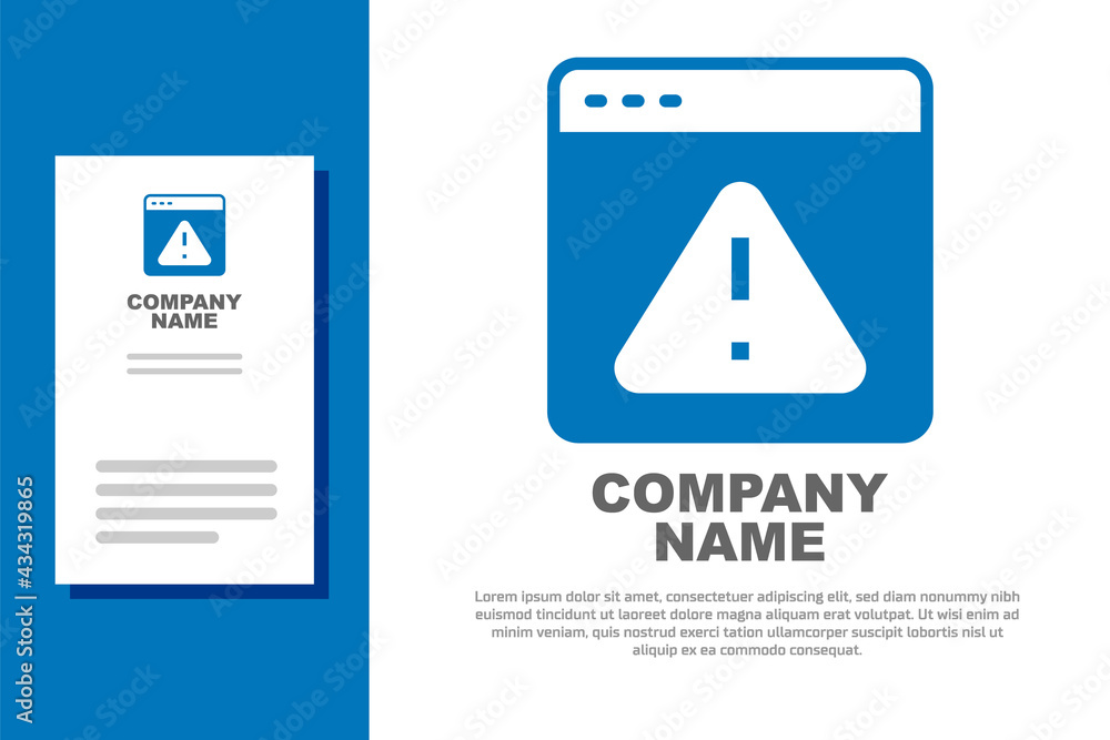 Blue Browser with exclamation mark icon isolated on white background. Alert message smartphone notification. Logo design template element. Vector
