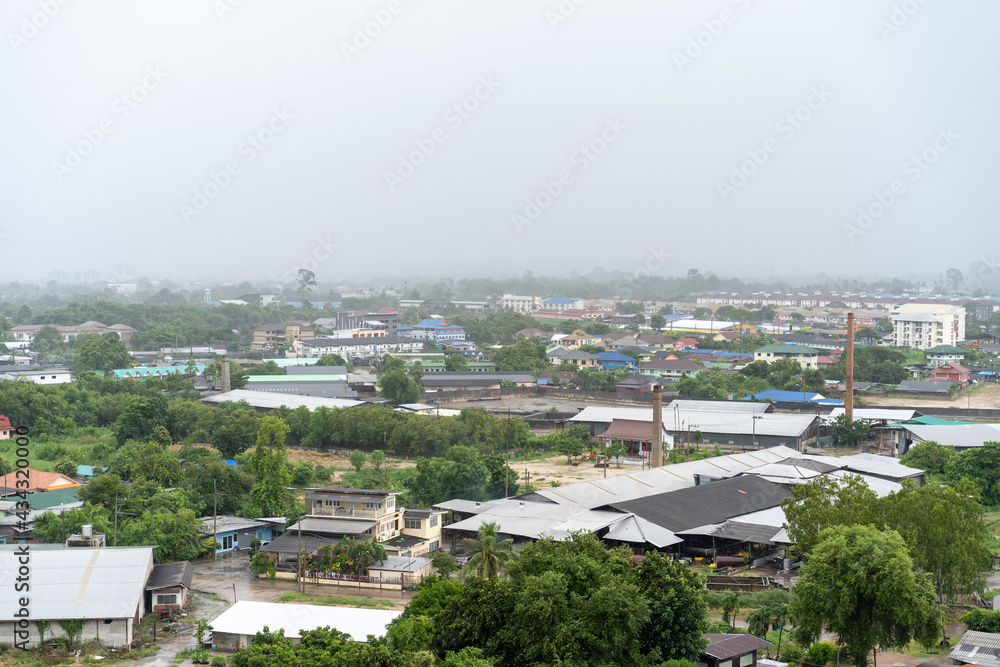 Raining time at Pattaya city (Chonburi Province) landscape from drone view in the open sky with the rain all area.