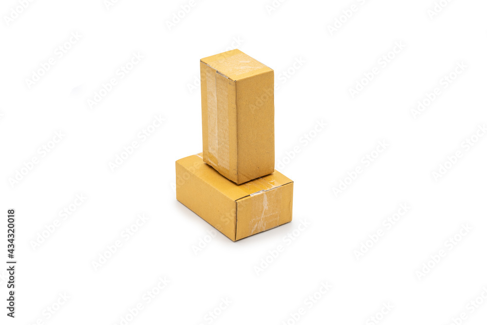 Isolated two brown paper boxes Postal Package from shopping online, is delivered to the buyer. It's shot in the studio light in front of white background. Clipping Paths.