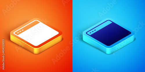Isometric Browser window icon isolated on orange and blue background. Vector