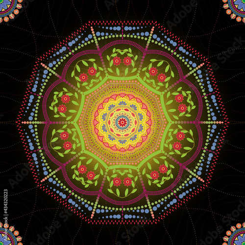 Vector Seamless Image of a Circular Dotted Mandala in Red and Yellow Tones On a Dark Background