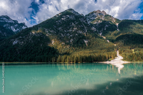 Panoramic view of Lake Dobbiaco   Toblacher See   in the Dolomites  Italy.