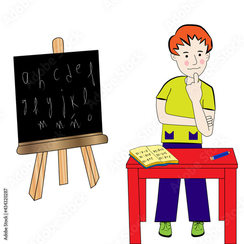 Profesor pensativo y pizarra.