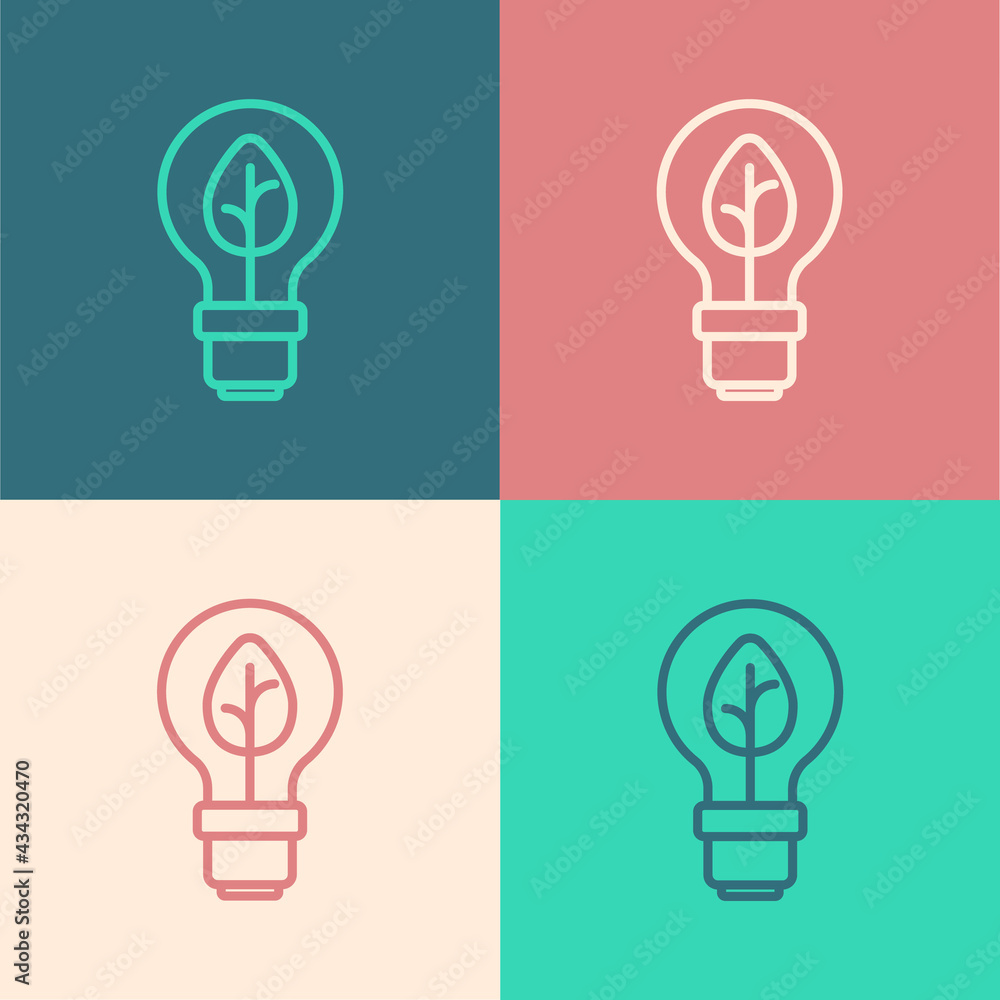 Pop art line Light bulb with leaf icon isolated on color background. Eco energy concept. Alternative energy concept. Vector Pop art line Light bulb with leaf icon isolated on color background. Eco energy concept. Alternative energy concept. Vector