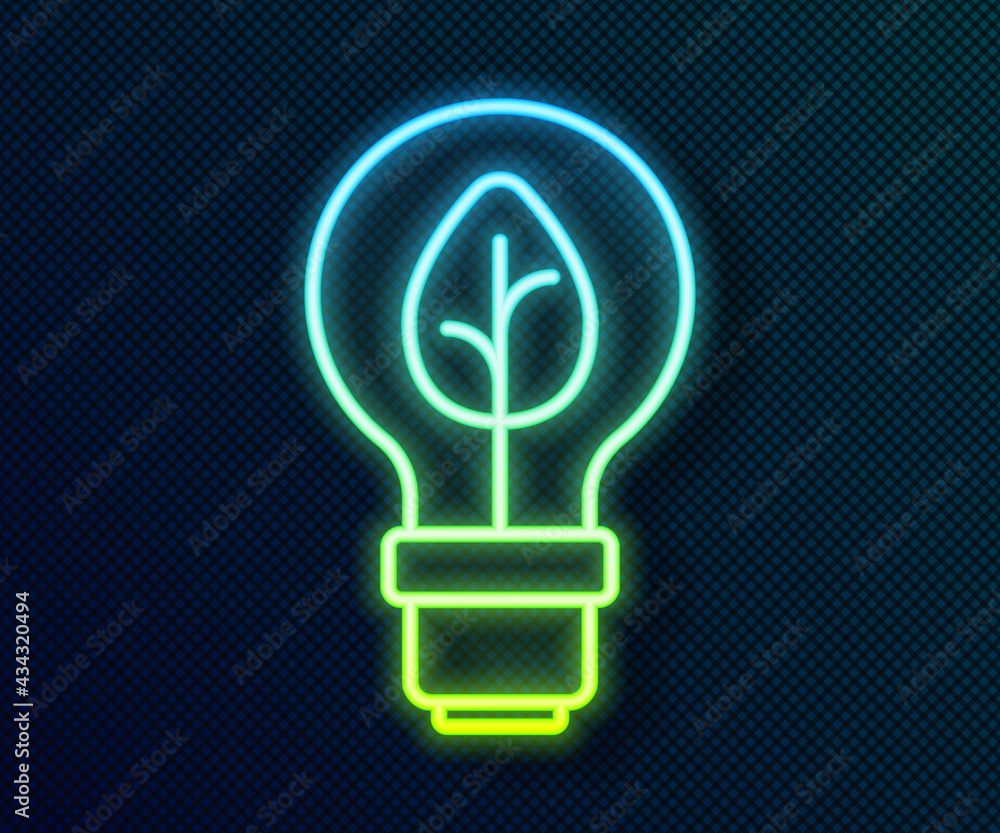 Glowing neon line Light bulb with leaf icon isolated on black background. Eco energy concept. Alternative energy concept. Vector Glowing neon line Light bulb with leaf icon isolated on black background. Eco energy concept. Alternative energy concept. Vector