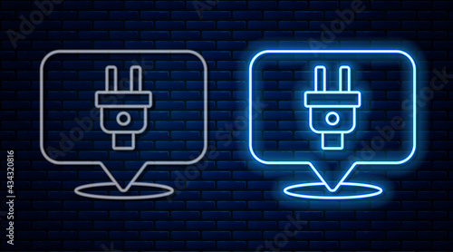 Glowing neon line Electric plug icon isolated on brick wall background. Concept of connection and disconnection of the electricity. Vector