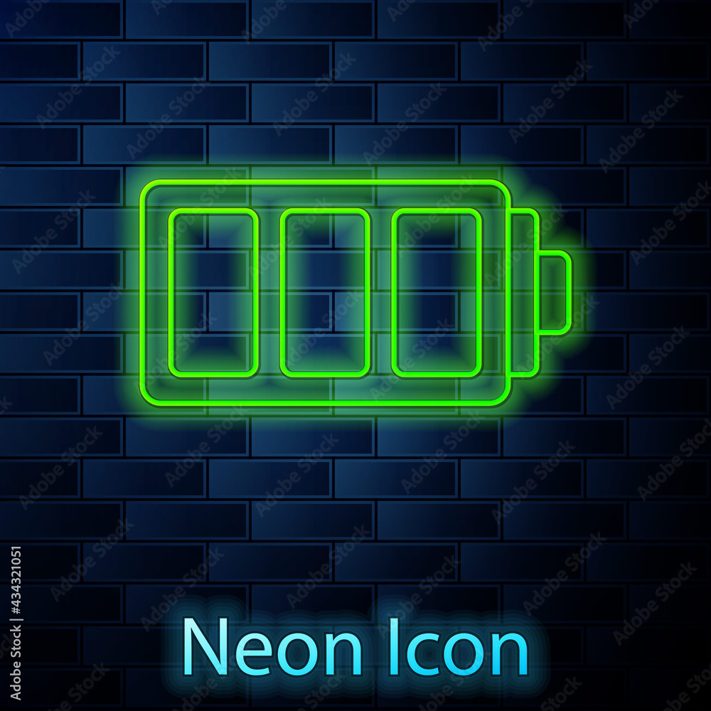 Glowing neon line Battery charge level indicator icon isolated on brick wall background. Vector Glowing neon line Battery charge level indicator icon isolated on brick wall background. Vector