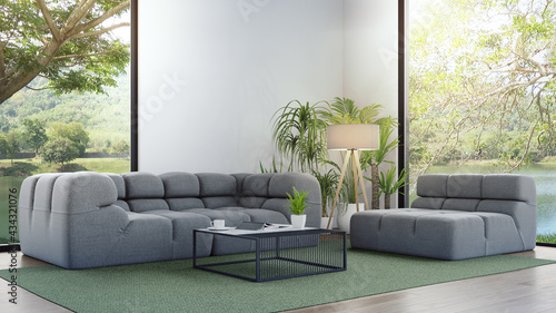 Sofa on wooden floor of large living room in modern house or luxury hotel. Minimal home interior 3d rendering with sky and lake view.