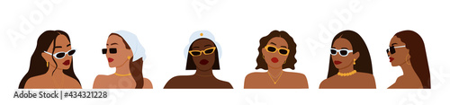 Set of abstract portraits of different women in sunglasses. Summer looks of female. Faceless beach characters. Minimalist vector illustration isolated on white background