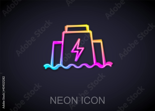 Glowing neon line Hydroelectric dam icon isolated on black background. Water energy plant. Hydropower. Hydroelectricity. Vector