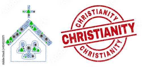 Winter Covid-2019 collage church people, and grunge Christianity red round stamp. Collage church people is organized of Covid-2019, forest, and snow symbols.