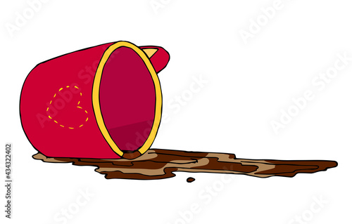 Inverted red cup and a spilled coffee.Hand drawn vector illustration.