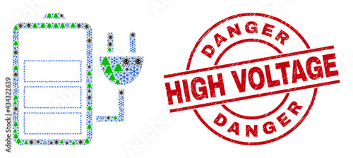 Winter viral combination charge battery, and dirty Danger High Voltage red round stamp print. Collage charge battery is composed of virus, forest, and snowflake items.