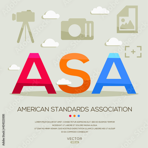 ASA mean (American Standards Association) photography abbreviations ,letters and icons ,Vector illustration.	