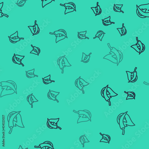 Black line Hot chili pepper pod icon isolated seamless pattern on green background. Design for grocery, culinary products, seasoning and spice package, cooking book. Vector