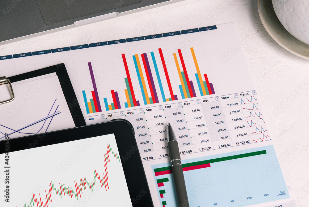 Desktop with documents, tablet and charts. Analytics of the company's activities. Budget planning, audit and tax calculation. The concept of issuing a loan and calculating salaries. Stock market Desktop with documents, tablet and charts. Analytics of the company's activities. Budget planning, audit and tax calculation. The concept of issuing a loan and calculating salaries. Stock market