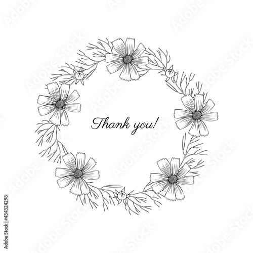 Decorative botanical wreath, round frame Kosmos flower, kosmeya hand drawn doodle ink sketch illustration, wild flower astra, floral design for greeting cards, wedding invite, cosmetic packaging