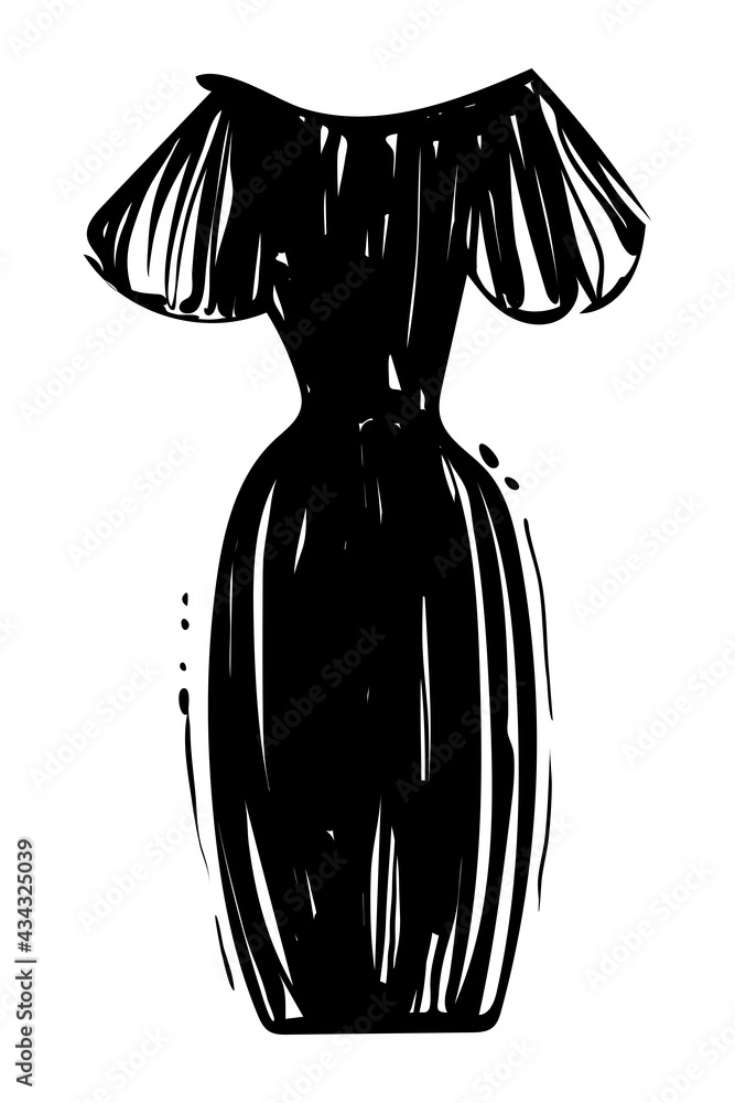 Dress silhouette sketch drawing, vector, monochrome Dress silhouette sketch drawing, vector, monochrome