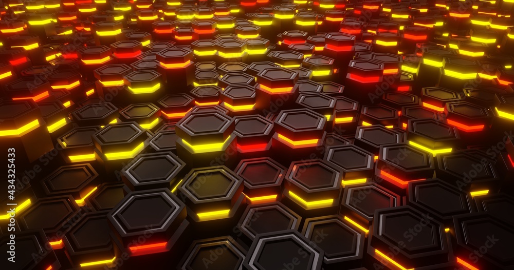 Fototapeta premium Red and Orange close-up. Hexagon abstract background. hexagonal structure 3d illustration