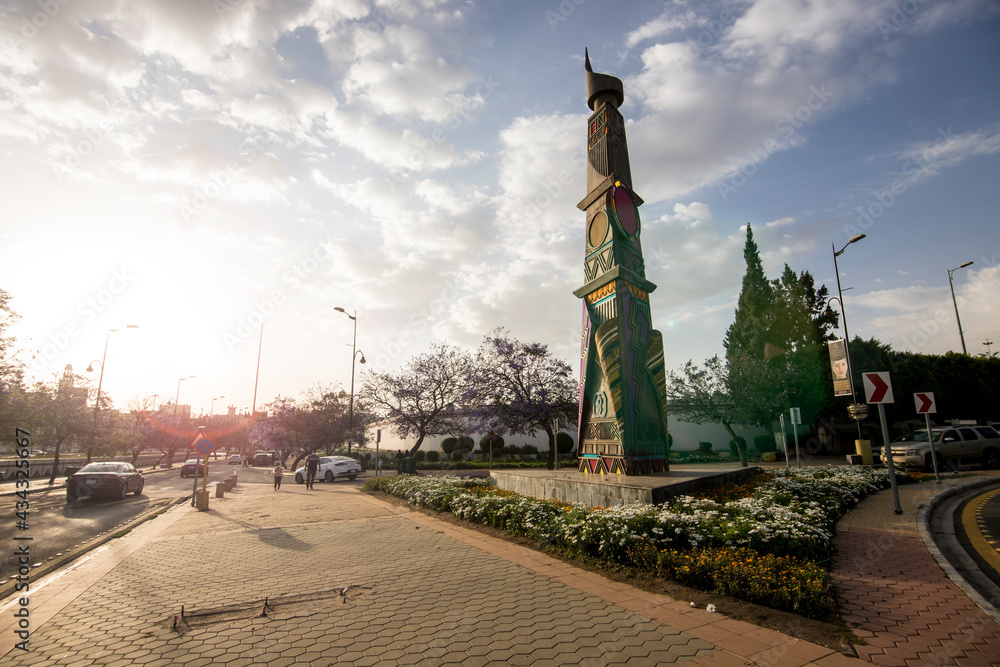 Naklejka premium Abha, Saudi Arabia, May 2021. The art street of Abha during sunrise