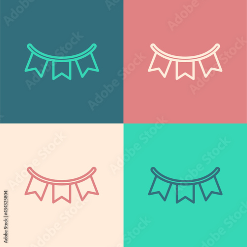 Pop art line Carnival garland with flags icon isolated on color background. Party pennants for birthday celebration, festival decoration. Vector