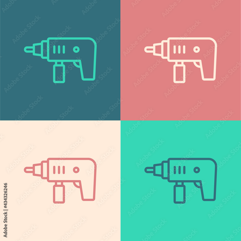 Pop art line Electric drill machine icon isolated on color background. Repair tool. Vector Pop art line Electric drill machine icon isolated on color background. Repair tool. Vector
